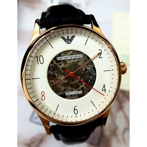  Shop Authentic Emporio Armani Meccanico White Skeleton Dial Black Leather Strap Watch For Men - AR1924 - Luxxuri