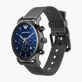  Shop Authentic Emporio Armani Chronograph Blue Dial Gun Metallic Mesh Bracelet Watch For Men - AR1979 - Luxxuri