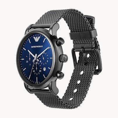  Shop Authentic Emporio Armani Chronograph Blue Dial Gun Metallic Mesh Bracelet Watch For Men - AR1979 - Luxxuri