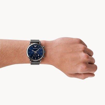  Shop Authentic Emporio Armani Chronograph Blue Dial Gun Metallic Mesh Bracelet Watch For Men - AR1979 - Luxxuri