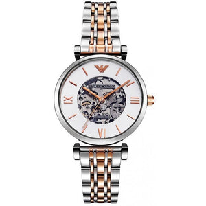  Shop Authentic Emporio Armani Gianni T Bar Silver Skeleton Dial Two Tone Strap Watch For Women - AR1992 - Luxxuri