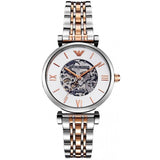  Shop Authentic Emporio Armani Gianni T Bar Silver Skeleton Dial Two Tone Strap Watch For Women - AR1992 - Luxxuri