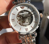  Shop Authentic Emporio Armani Gianni T Bar Silver Skeleton Dial Two Tone Strap Watch For Women - AR1992 - Luxxuri