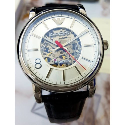  Shop Authentic Emporio Armani Meccanico Silver Skeleton Dial Black Leather Watch For Men - AR1997 - Luxxuri