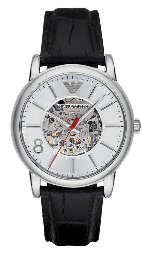 Shop Authentic Emporio Armani Meccanico Silver Skeleton Dial Black Leather Watch For Men - AR1997 - Luxxuri