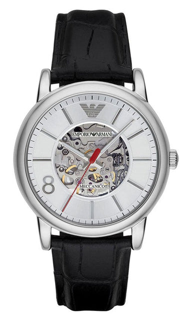  Shop Authentic Emporio Armani Meccanico Silver Skeleton Dial Black Leather Watch For Men - AR1997 - Luxxuri