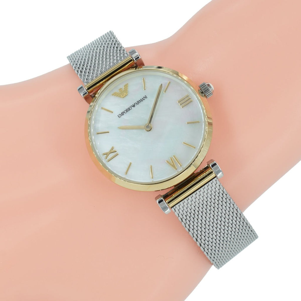  Shop Authentic Emporio Armani Gianni T Bar Mother of Pearl Dial Silver Mesh Bracelet Watch For Women - AR2068 - Luxxuri
