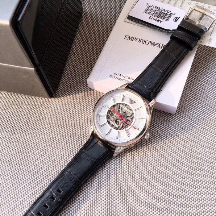  Shop Authentic Emporio Armani Meccanico Silver Skeleton Dial Black Leather Strap Watch For Men - AR2072 - Luxxuri