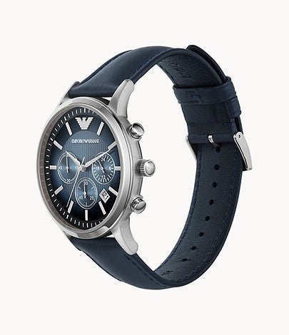 Emporio Armani Classic Chronograph Blue Dial Blue Leather Strap Watch For Men - AR2473
