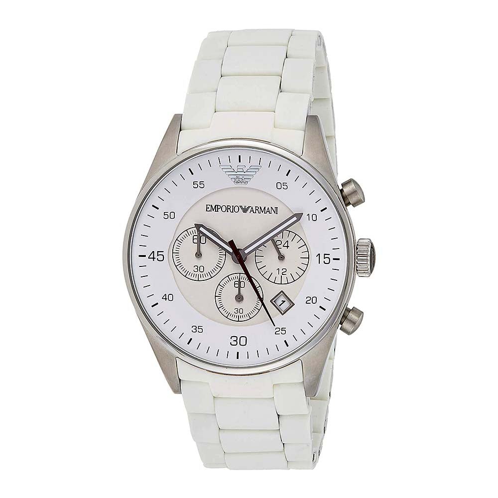  Shop Authentic Emporio Armani Sport Chronograph White Dial White Silicone Strap Watch For Men - AR5859 - Luxxuri