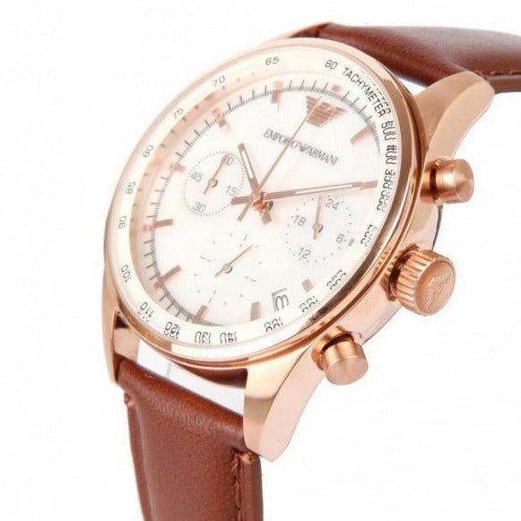  Shop Authentic Emporio Armani Sportivo Chronograph White Dial Brown Leather Strap Watch For Men - AR5996 - Luxxuri