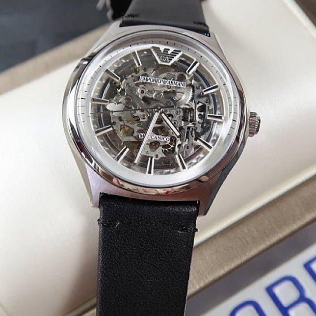  Shop Authentic Emporio Armani Meccanico White Skeleton Dial Black Leather Strap Watch For Men - AR60003 - Luxxuri