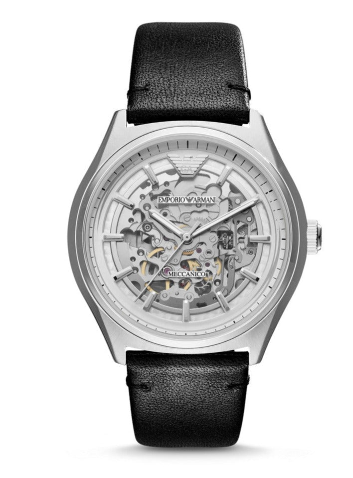  Shop Authentic Emporio Armani Meccanico White Skeleton Dial Black Leather Strap Watch For Men - AR60003 - Luxxuri