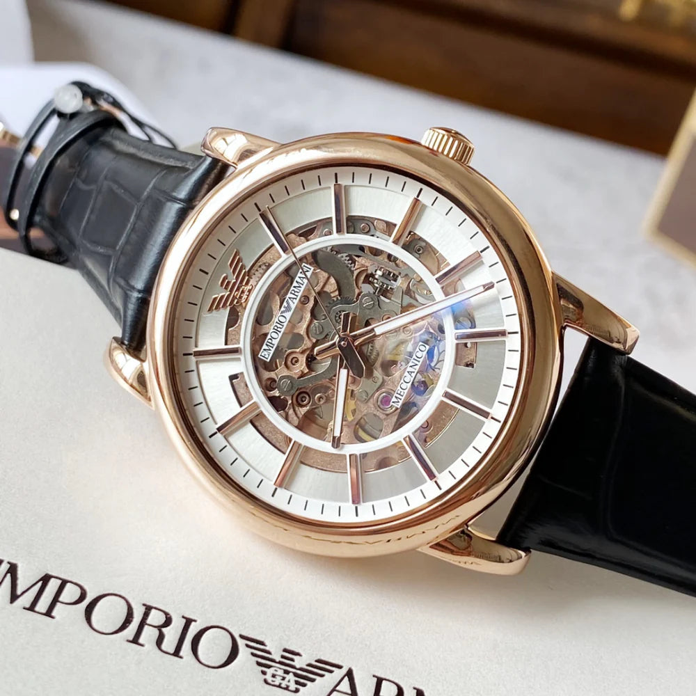  Shop Authentic Emporio Armani Luigi Skeleton Silver Dial Black Leather Strap Watch For Men - AR60007 - Luxxuri