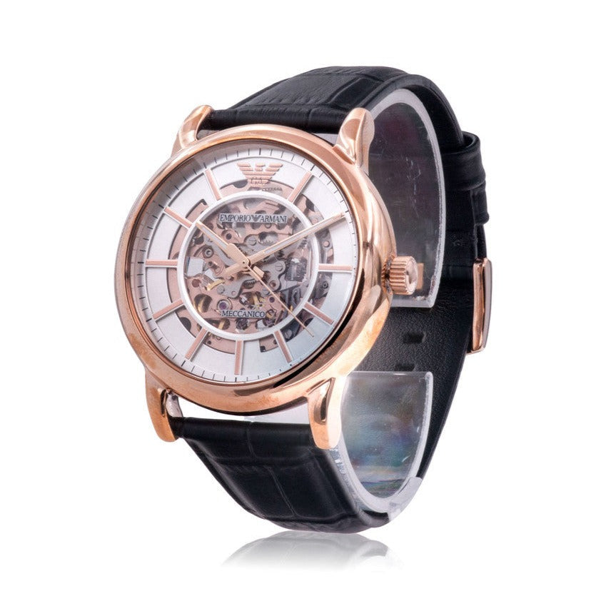  Shop Authentic Emporio Armani Luigi Skeleton Silver Dial Black Leather Strap Watch For Men - AR60007 - Luxxuri