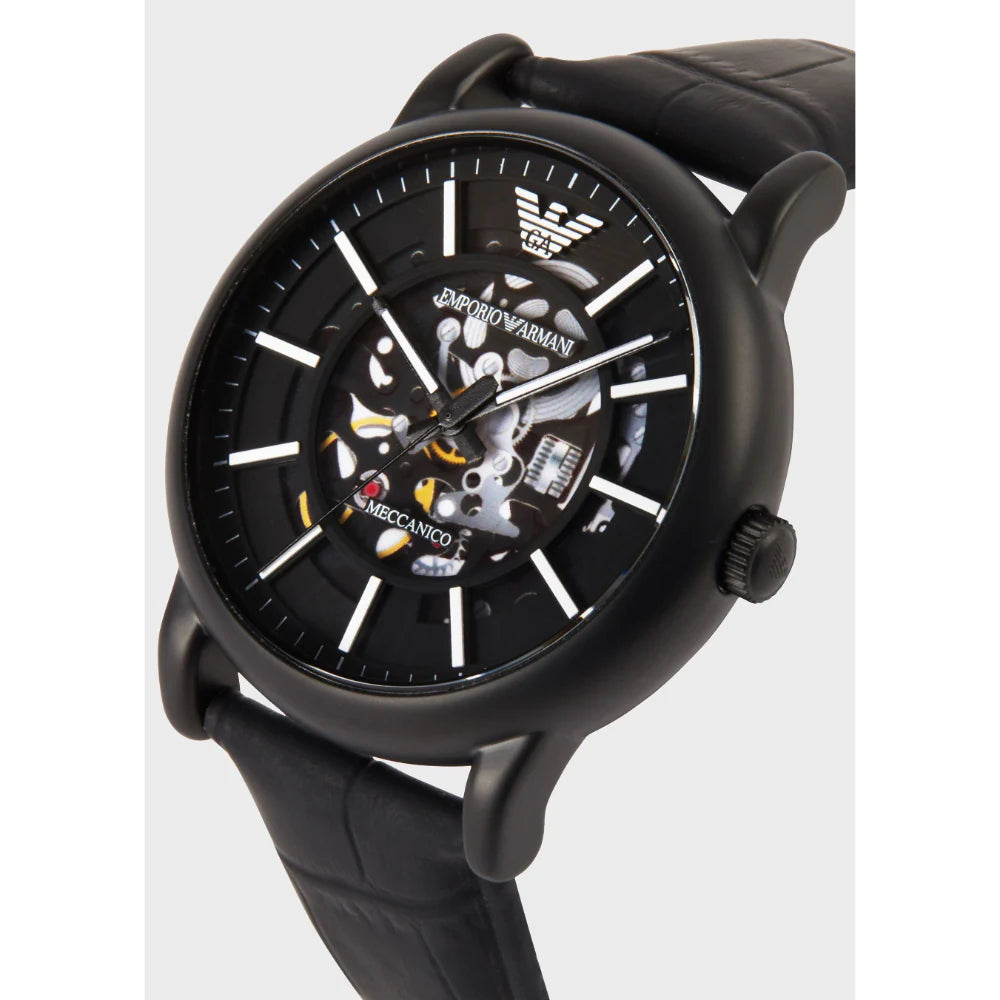 Shop Authentic Emporio Armani Meccanico Automatic Skeleton Dial Black Leather Strap Watch For Men - AR60008 - Luxxuri