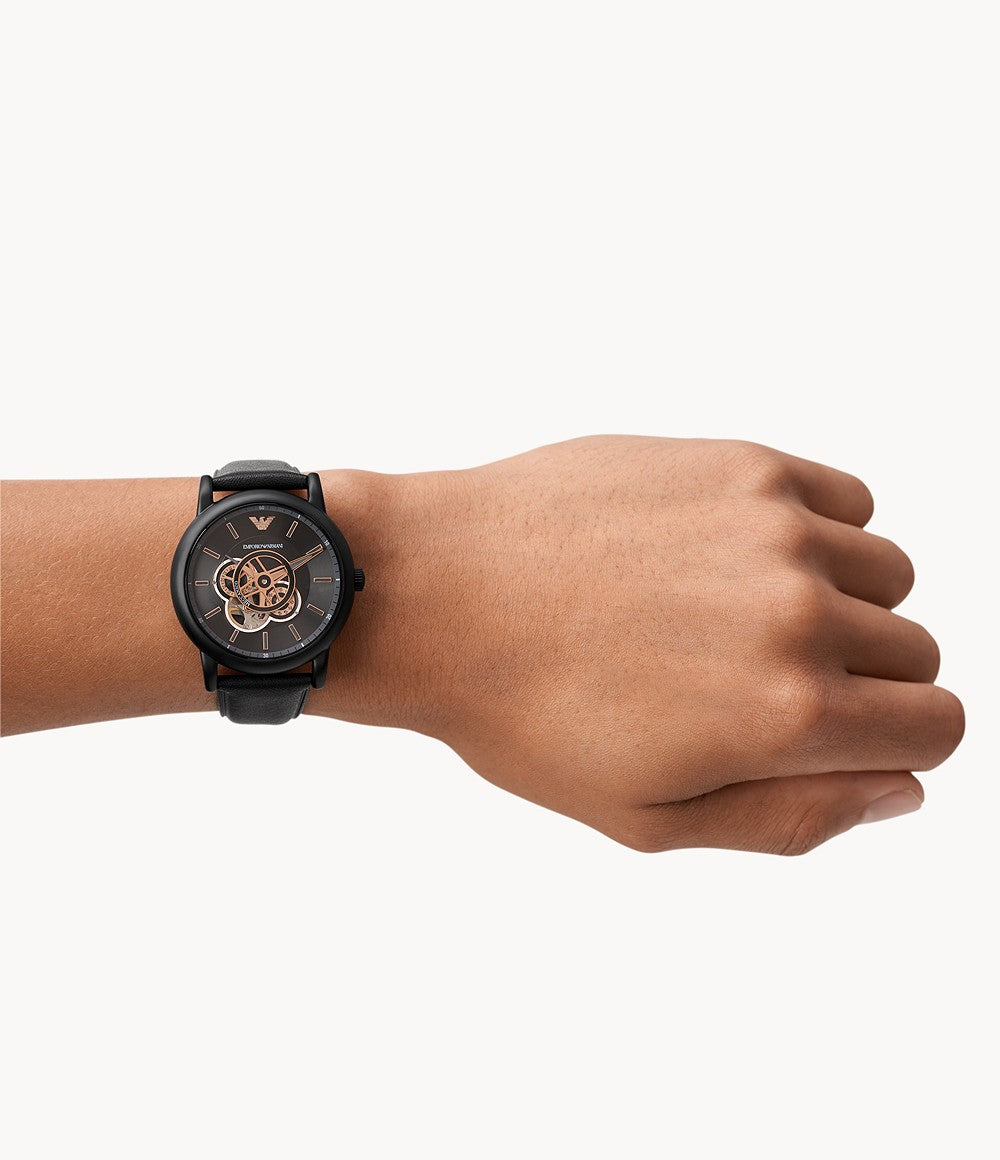  Shop Authentic Emporio Armani Luigi Automatic Skeleton Black Dial Black Leather Strap Watch For Men - AR60012 - Luxxuri