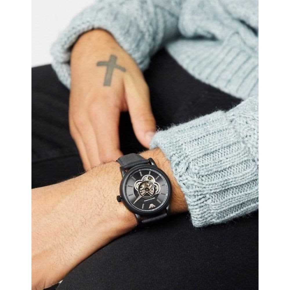  Shop Authentic Emporio Armani Luigi Automatic Skeleton Black Dial Black Leather Strap Watch For Men - AR60012 - Luxxuri