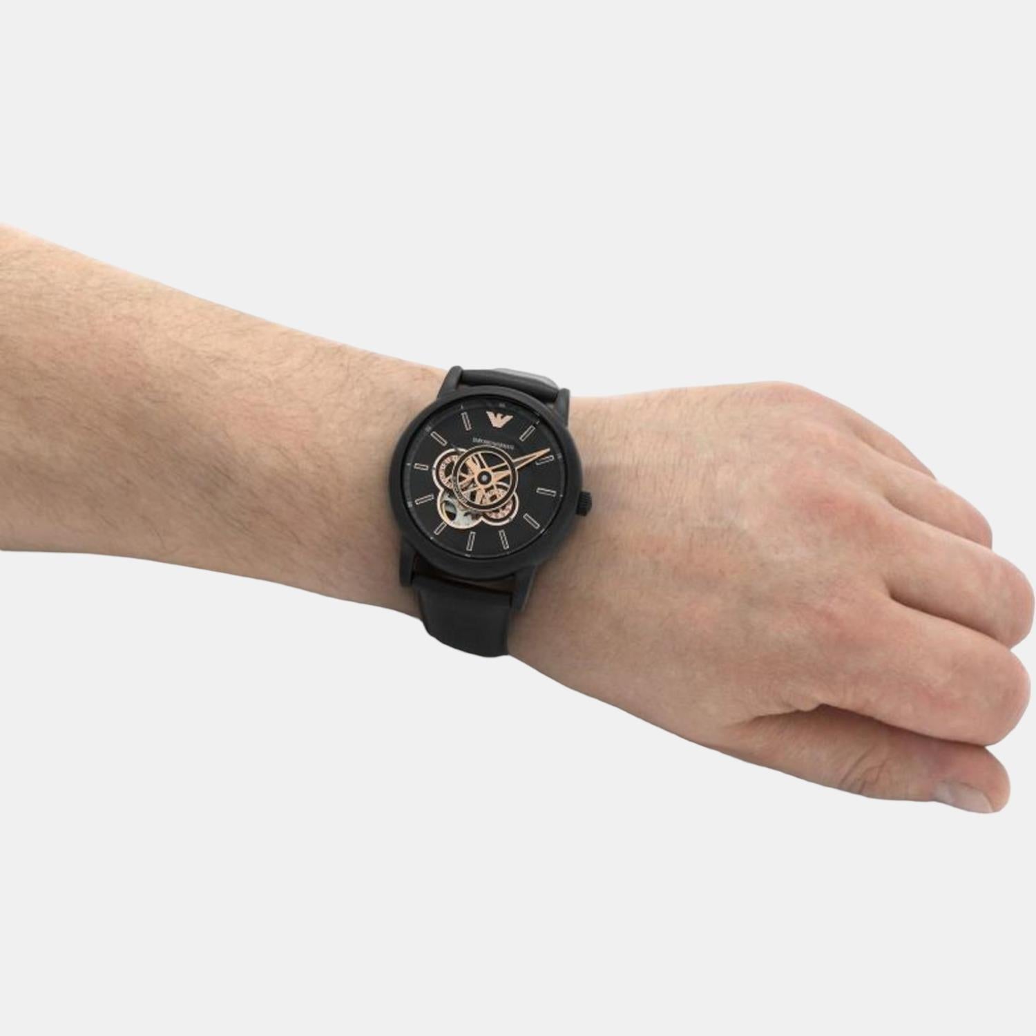  Shop Authentic Emporio Armani Luigi Automatic Skeleton Black Dial Black Leather Strap Watch For Men - AR60012 - Luxxuri