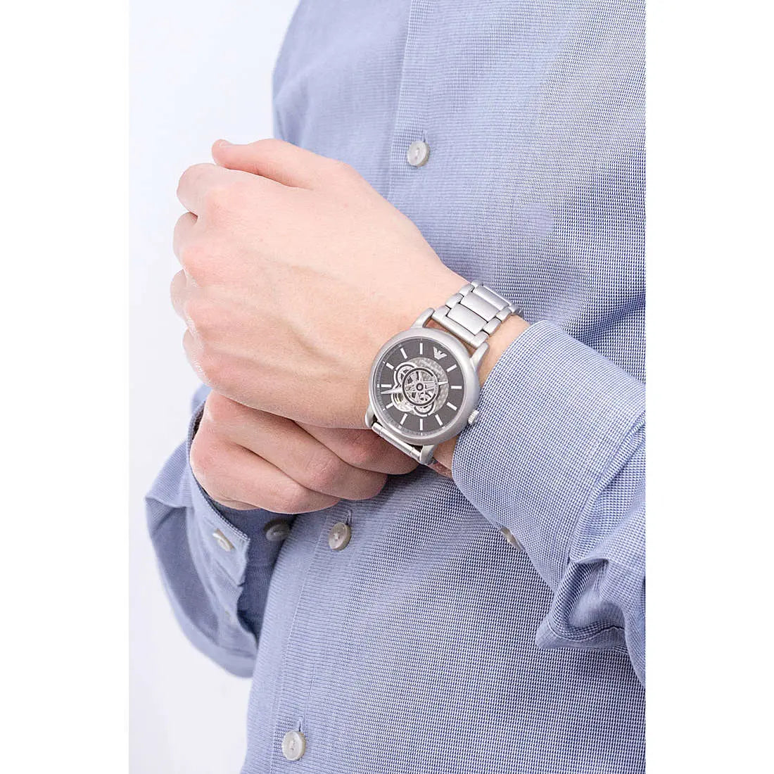  Shop Authentic Emporio Armani Meccanico Automatic Skeleton Black Dial Silver Steel Strap Watch For Men - AR60021 - Luxxuri