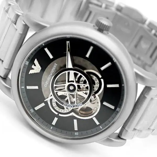  Shop Authentic Emporio Armani Meccanico Automatic Skeleton Black Dial Silver Steel Strap Watch For Men - AR60021 - Luxxuri
