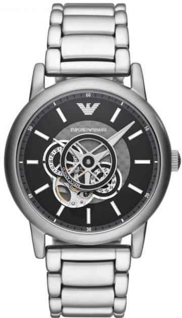  Shop Authentic Emporio Armani Meccanico Automatic Skeleton Black Dial Silver Steel Strap Watch For Men - AR60021 - Luxxuri