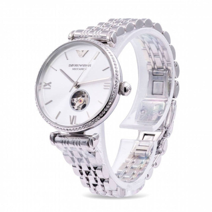  Shop Authentic Emporio Armani Gianni T-Bar Automatic Silver Dial Silver Steel Strap Watch For Women - AR60022 - Luxxuri