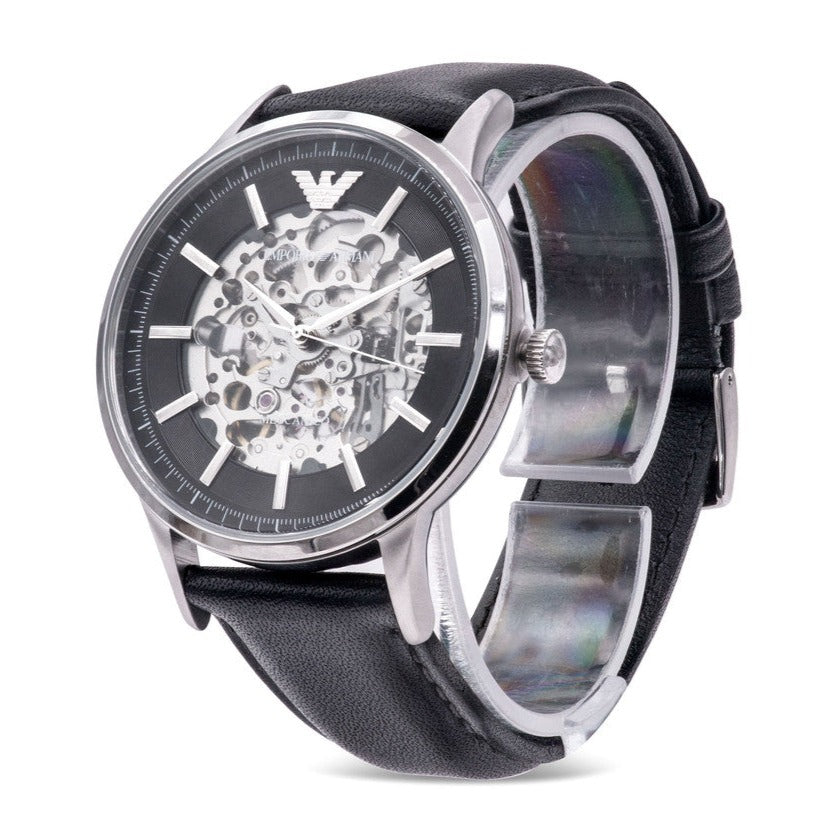  Shop Authentic Emporio Armani Meccanico Skeleton Automatic Black Dial Black Leather Strap Watch for Men - AR60038 - Luxxuri