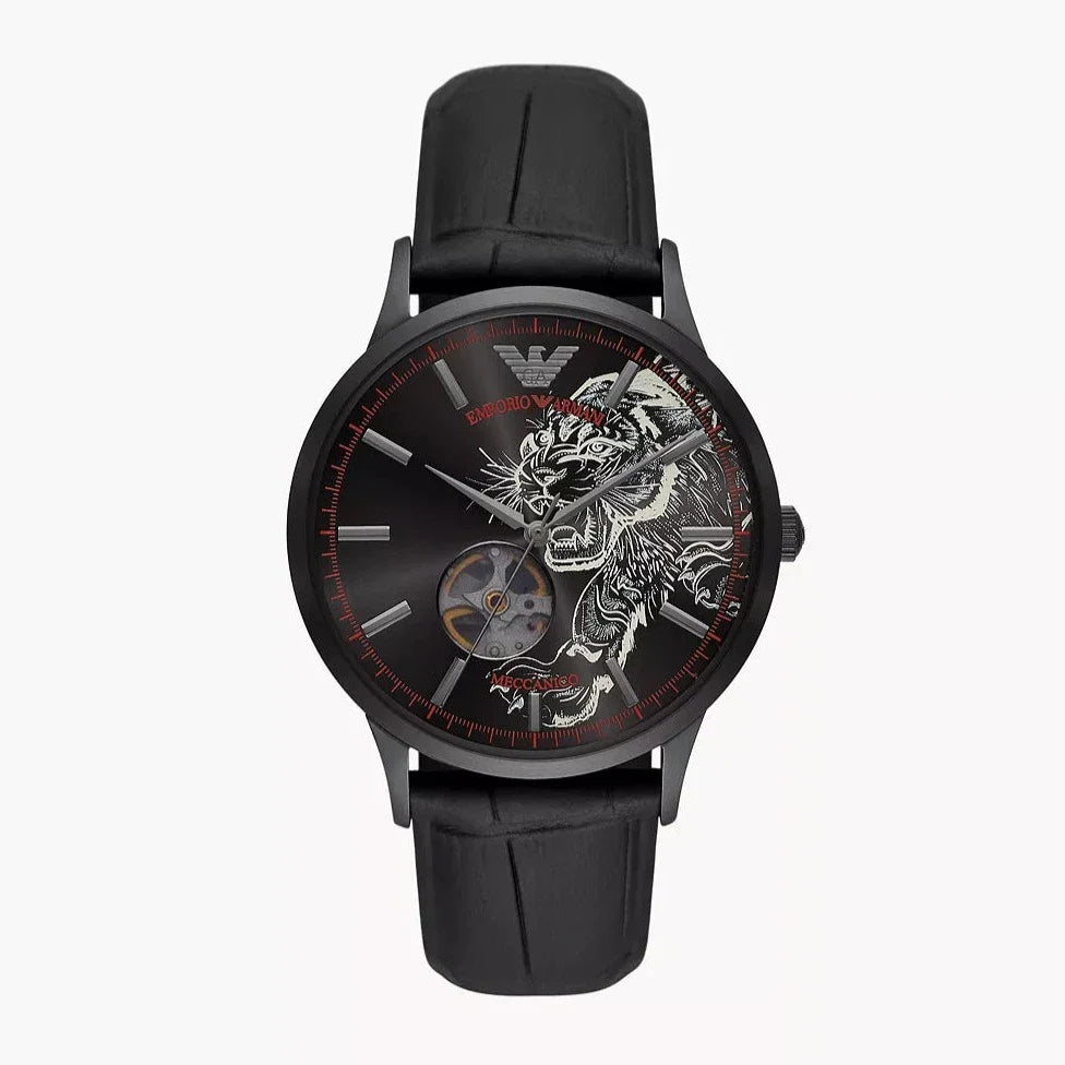  Shop Authentic Emporio Armani Meccanico Skeleton Black Dial Black Leather Strap Watch For Men - AR60046 - Luxxuri