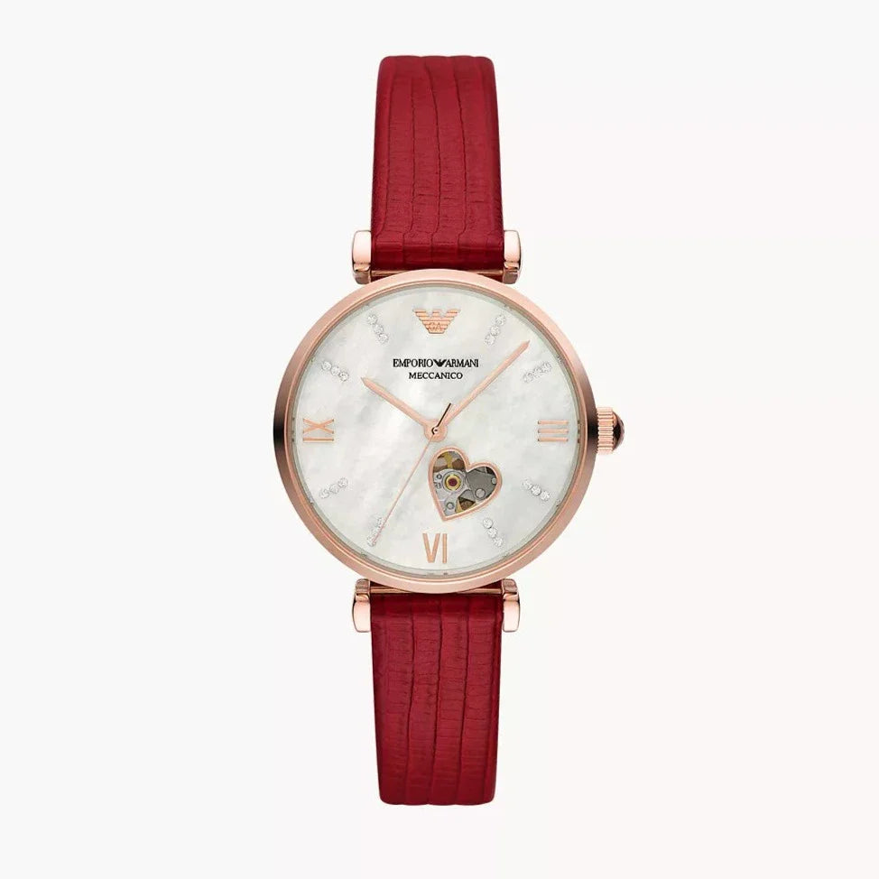  Shop Authentic Emporio Armani Gianni T-Bar Mother of Pearl White Dial Red Leather Strap Watch For Women - AR60048 - Luxxuri