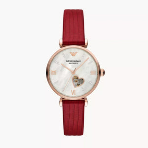  Shop Authentic Emporio Armani Gianni T-Bar Mother of Pearl White Dial Red Leather Strap Watch For Women - AR60048 - Luxxuri