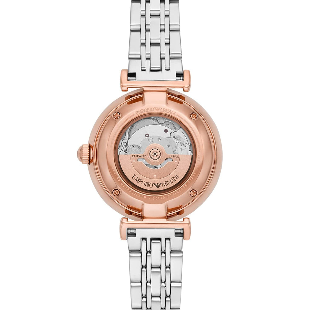  Shop Authentic Emporio Armani Meccanico Automatic Mother of Pearl Dial Two Tone Steel Strap Watch For Women - AR60049 - Luxxuri