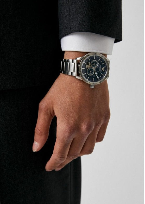  Shop Authentic Emporio Armani Mario Chronograph Automatic Blue Dial Silver Steel Strap Watch For Men - AR60052 - Luxxuri