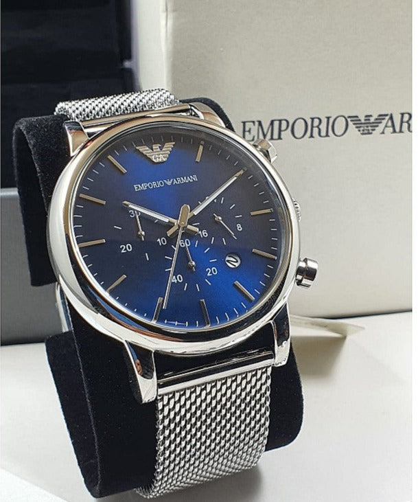  Shop Authentic Emporio Armani Luigi Chronograph Blue Dial Silver Mesh Bracelet Watch For Men - AR80038 - Luxxuri