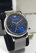  Shop Authentic Emporio Armani Luigi Chronograph Blue Dial Silver Mesh Bracelet Watch For Men - AR80038 - Luxxuri