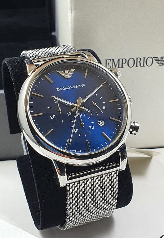  Shop Authentic Emporio Armani Luigi Chronograph Blue Dial Silver Mesh Bracelet Watch For Men - AR80038 - Luxxuri