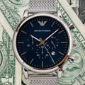  Shop Authentic Emporio Armani Luigi Chronograph Blue Dial Silver Mesh Bracelet Watch For Men - AR80038 - Luxxuri