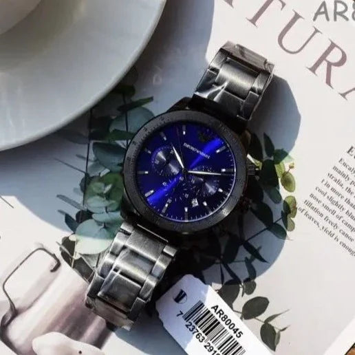  Shop Authentic Emporio Armani Mario Chronograph Blue Dial Grey Steel Strap Watch For Men - AR80045 - Luxxuri