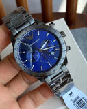  Shop Authentic Emporio Armani Mario Chronograph Blue Dial Grey Steel Strap Watch For Men - AR80045 - Luxxuri