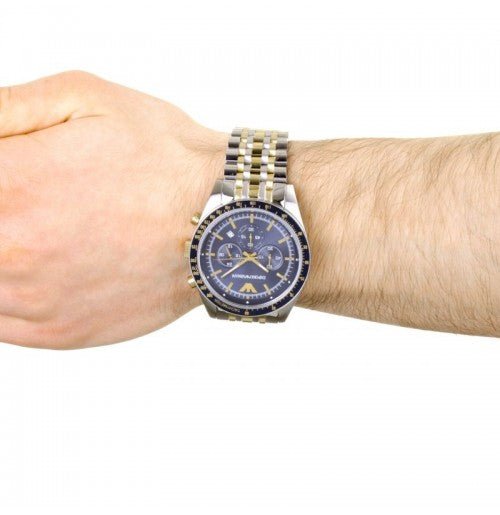  Shop Authentic Emporio Armani Tazio Chronograph Blue Dial Gold & Silver Stainless Steel Strap Watch For Men - AR8030 - Luxxuri