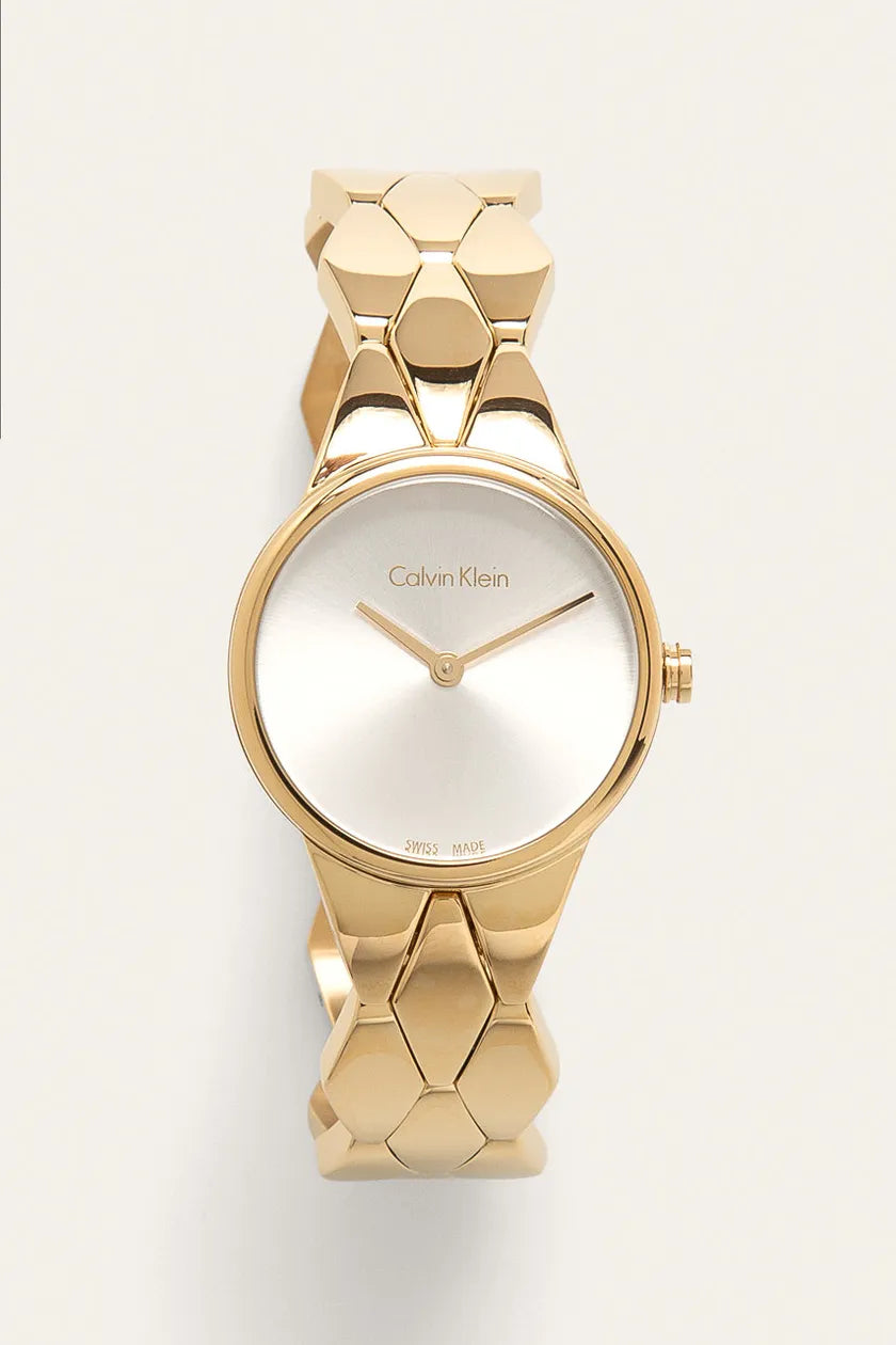  Shop Authentic Calvin Klein Snake Silver Dial Yellow Gold Steel Strap Watch For Women - K6E23546 - Luxxuri