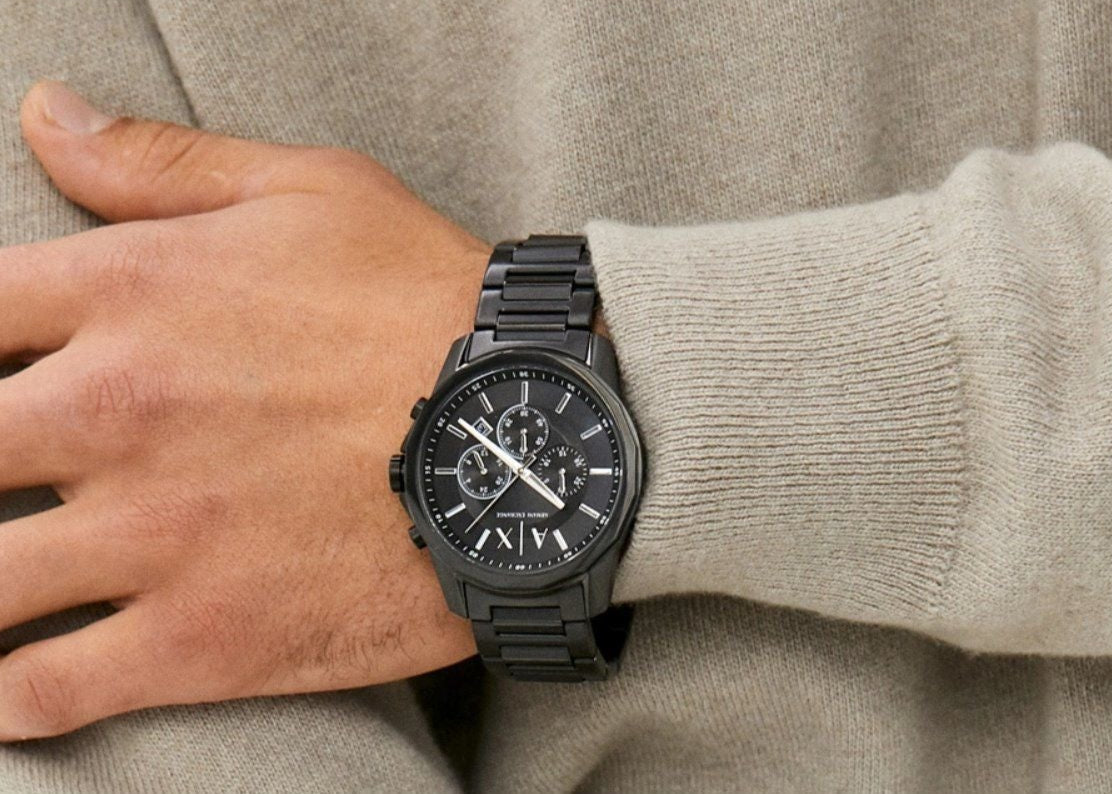 Armani Exchange Banks Chronograph Black Dial Black Steel Strap Watch For Men - AX1722