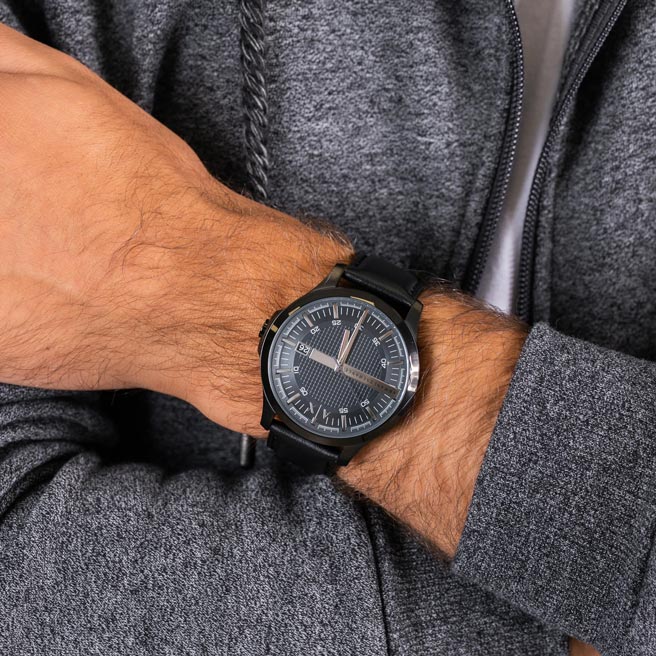  Shop Authentic Armani Exchange Hampton Quartz Blue Dial Black Leather Strap Watch for Men - AX2411 - Luxxuri