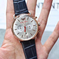 Emporio Armani Aviator Silver Dial Blue Leather Strap Watch For Men - AR11123