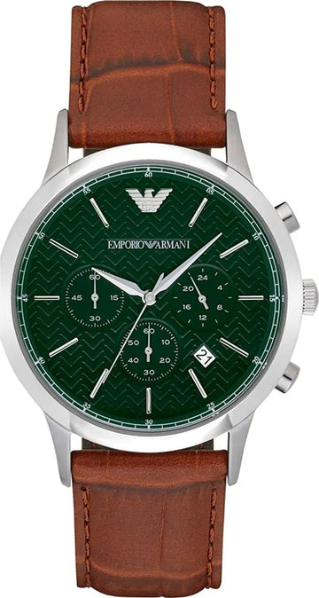 Emporio Armani Renato Chronograph Green Dial Brown Leather Strap Watch For Men - AR2493