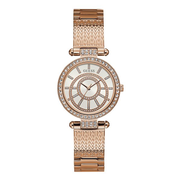 Guess Muse Quartz Silver Dial Rose Gold Steel Strap Watch For Women - W1008L3