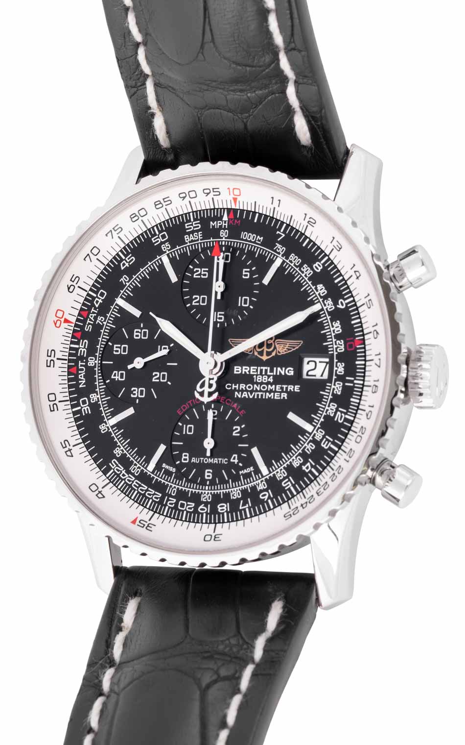 Breitling Navitimer 1 Chronograph 41mm Automatic Black Dial Black Leather Strap Mens Watch - A13324121B1P1