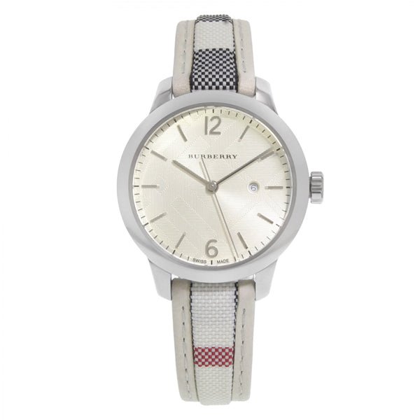  Shop Authentic Burberry The Classic Guilloche Silver Dial Grey Leather Strap Watch for Women - BU10113 - Luxxuri