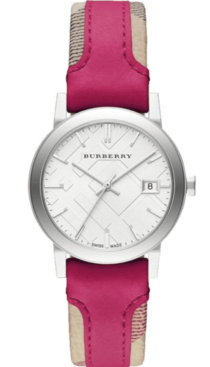  Shop Authentic Burberry The City White Dial Haymarket Pink Leather Strap Watch for Women - BU9149 - Luxxuri