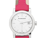  Shop Authentic Burberry The City White Dial Haymarket Pink Leather Strap Watch for Women - BU9149 - Luxxuri